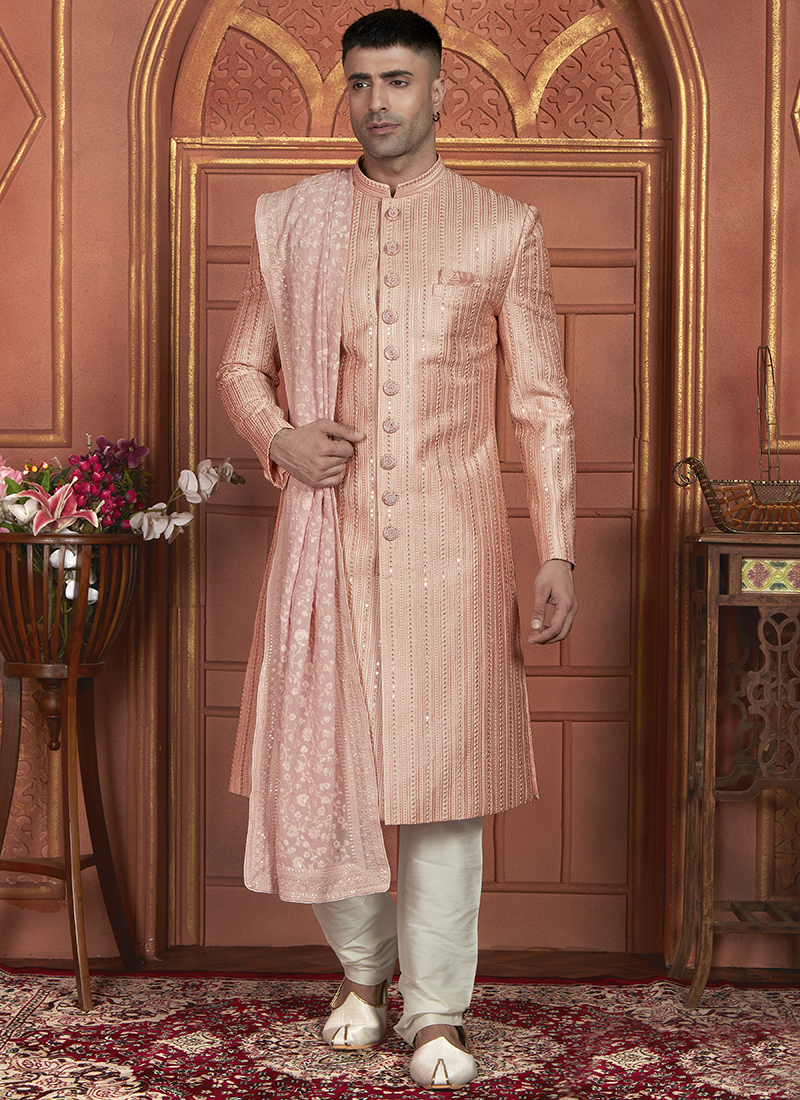 Art Silk Peach Wedding Wear Embroidery Work Readymade Groom Sherwani